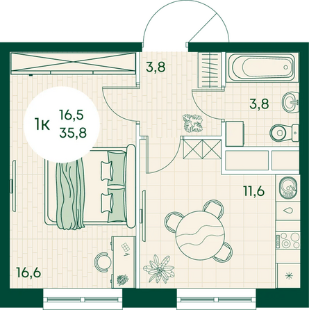 Планировка 1-комн 35,8 м²