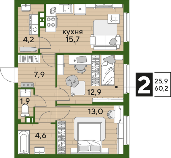 Планировка 2-комн 60,2 м²