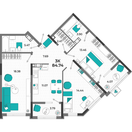 Планировка 3-комн 84,74 м²