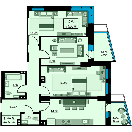 Планировка 3-комн 77,1 - 77,6 м²