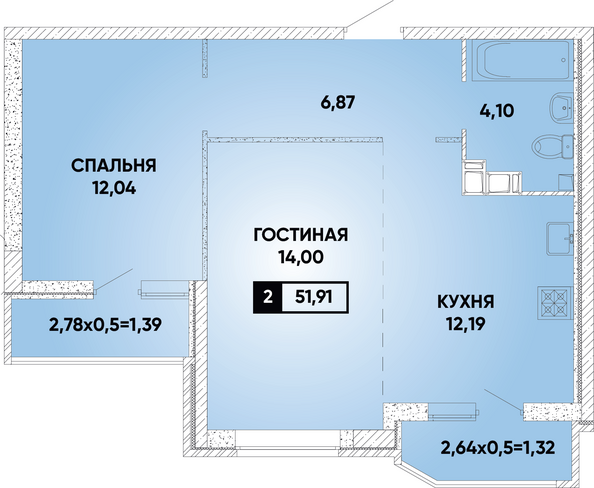 Планировка 2-комн 51,91 м²