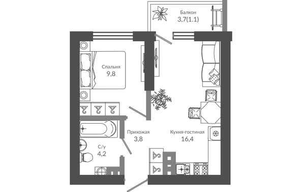 Планировка 1-комн 35,3 м²