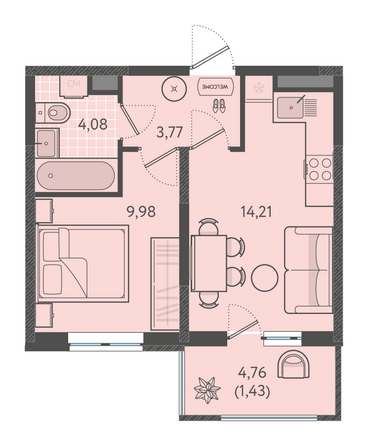 Планировка 1-комн 33,47 - 33,87 м²