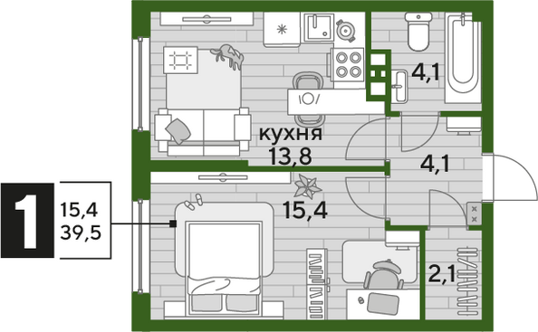 Планировка 1-комн 39,5 м²