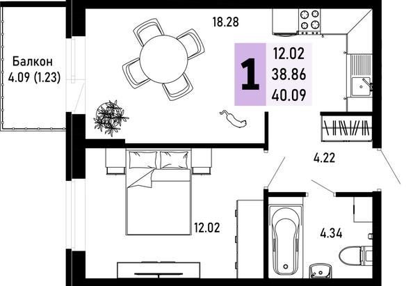 Планировка 1-комн 40,09 м²