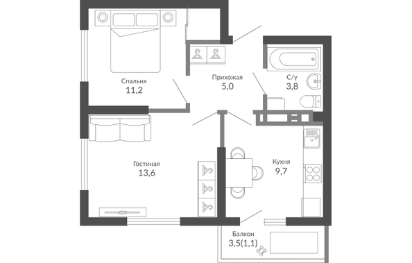 Планировка 2-комн 44,4 м²