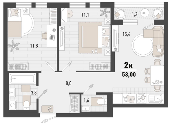 Планировка 2-комн 53 м²