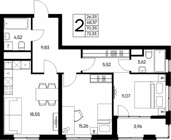 Планировка 2-комн 72,33 м²