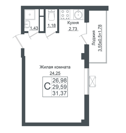 Планировка Студия 31,37 м²