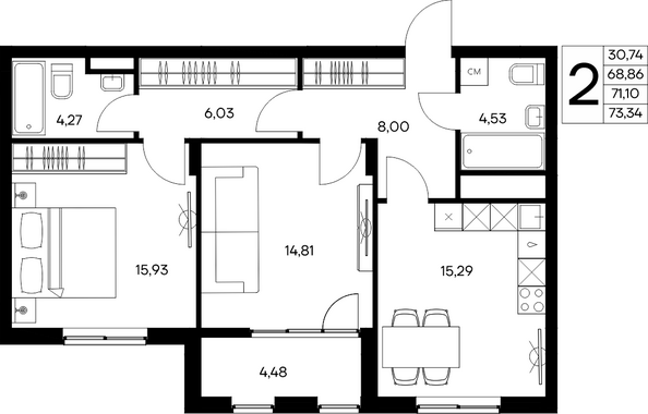 Планировка 2-комн 73,34 м²