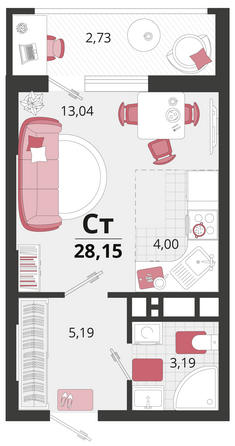 Планировка 1-комн 28,15 м²