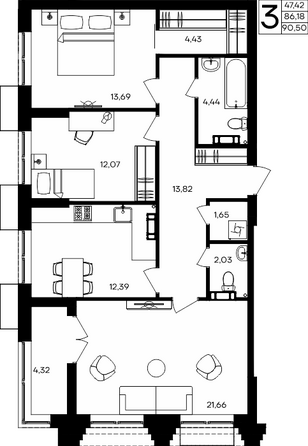 Планировка 3-комн 90,5 м²
