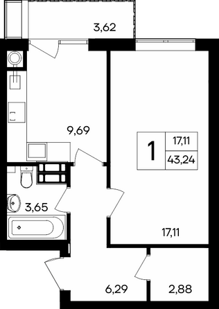 Планировка 1-комн 43,24 м²