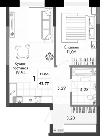 Планировка 1-комн 43,77 м²