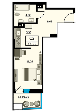 Планировка Студия 29,37 - 29,89 м²