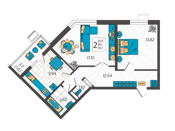 Планировка 2-комн 59,7 м²