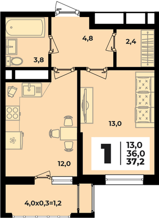 Планировка 1-комн 37,2 м²