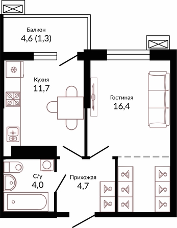 Планировка 1-комн 37,4 м²