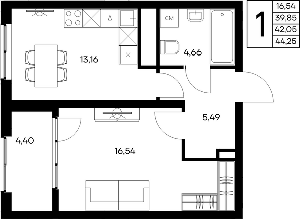 Планировка 1-комн 44,25 м²