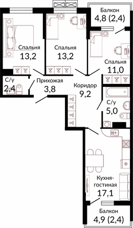 Планировка 3-комн 79,8 м²