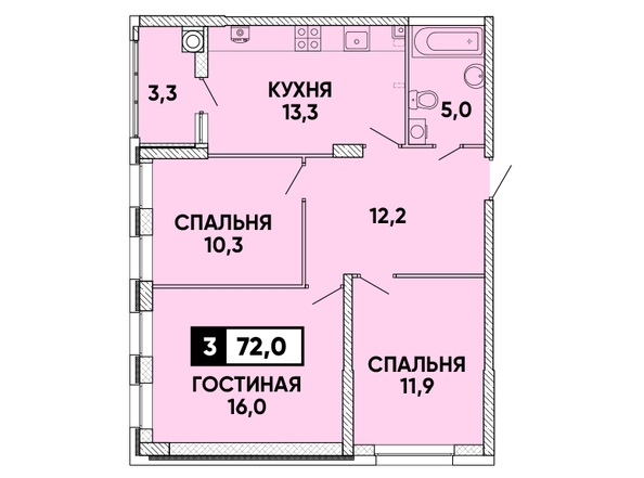 Планировка 3-комн 72 м²