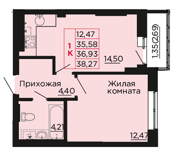 Планировка 1-комн 36,93 м²