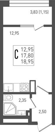 Планировка Студия 18,95, 19,29 м²