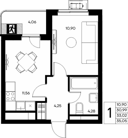 Планировка 1-комн 35,03, 35,05 м²
