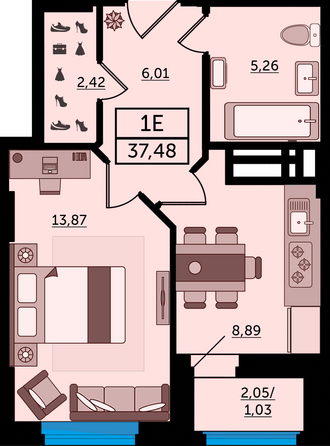 Планировка 1-комн 37,48 м²