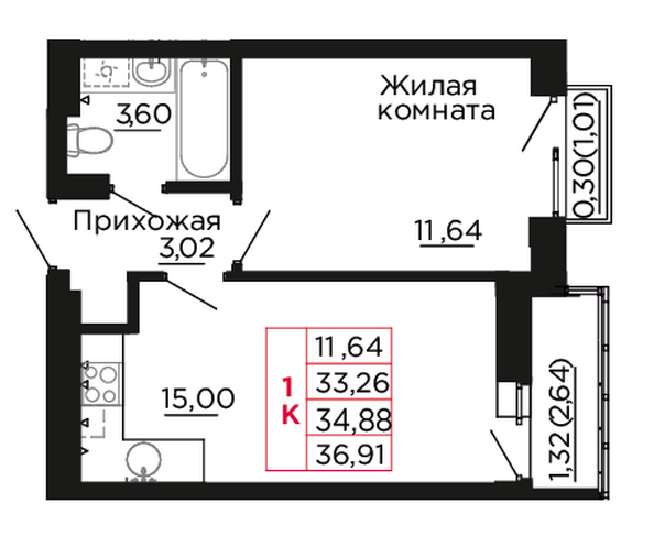 Планировка 1-комн 34,88 м²