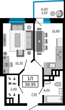 Планировка 1-комн 38,75, 38,95 м²