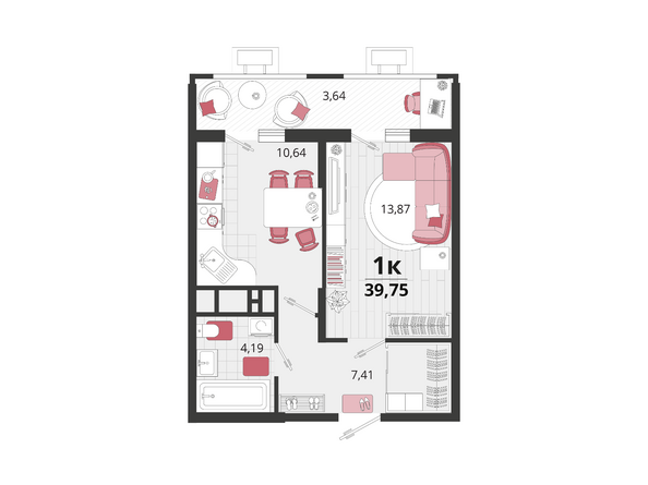 Планировка 1-комн 39,75 м²