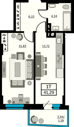 Планировка 1-комн 40,62, 40,81 м²