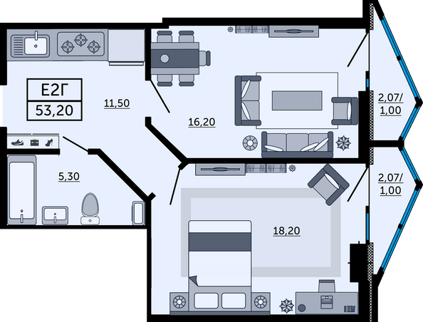 Планировка 2-комн 53,01 м²