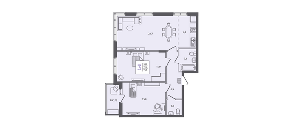 Планировка 3-комн 74,5 м²