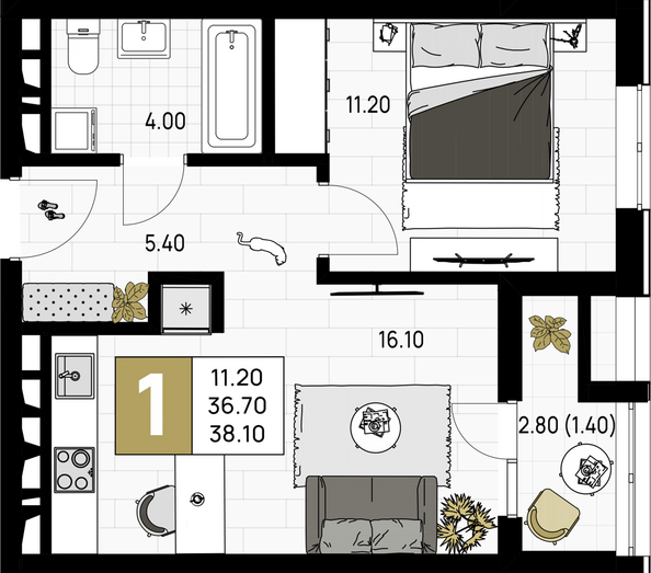 Планировка 1-комн 38,1 м²