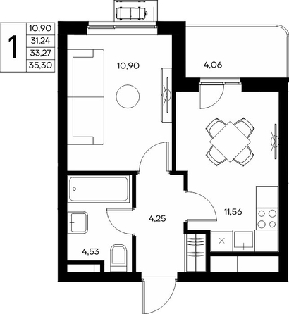 Планировка 1-комн 35,3 - 35,41 м²