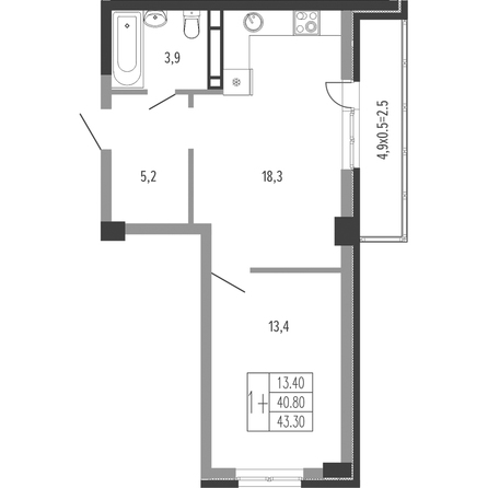 Планировка 1-комн 43,3 м²