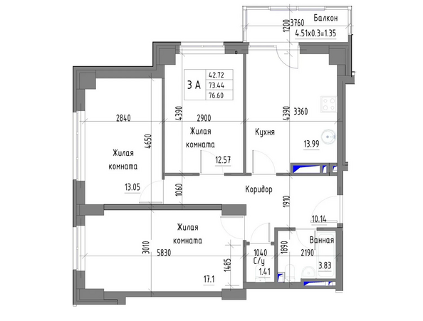 Планировка 3-комн 76,6 м²