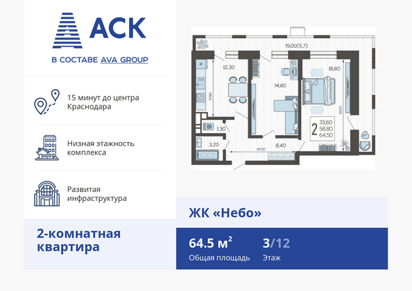 Планировка 2-комн 64,5 м²