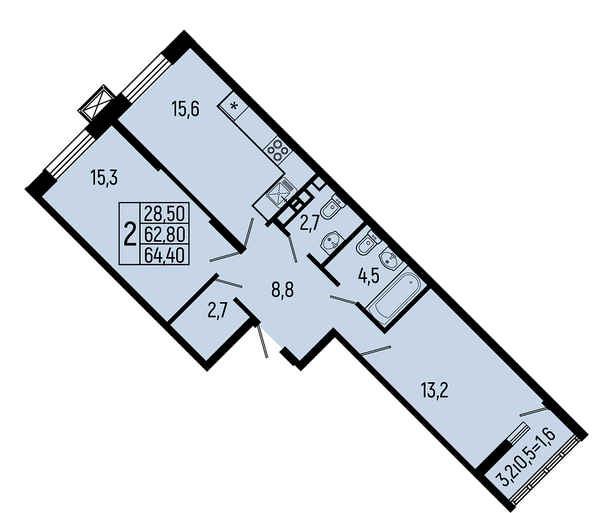 Планировка 2-комн 64,4 м²