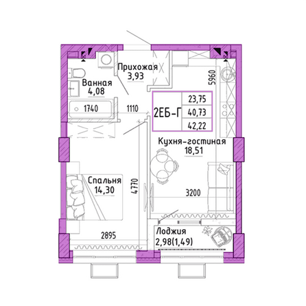 Планировка 2-комн 42,22 м²