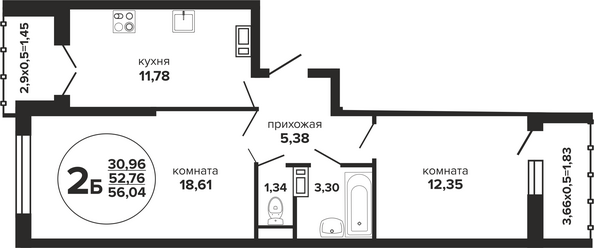 Планировка 2-комн 56,04, 56,6 м²