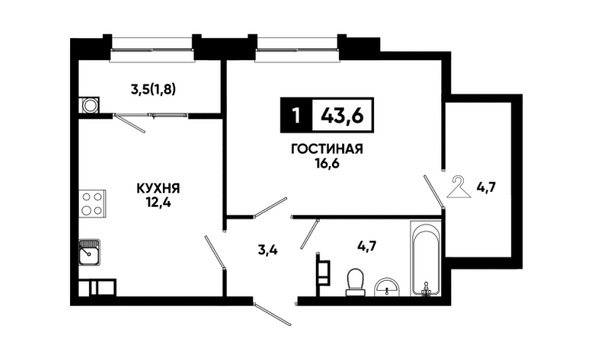 Планировка 1-комн 43,6 м²