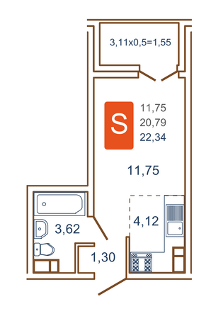 Планировка 1-комн 22,34 м²