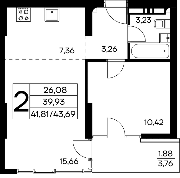 Планировка 2-комн 43,69 - 45,1 м²