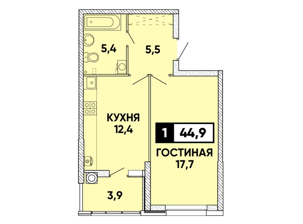 Планировка 1-комн 44,9 м²