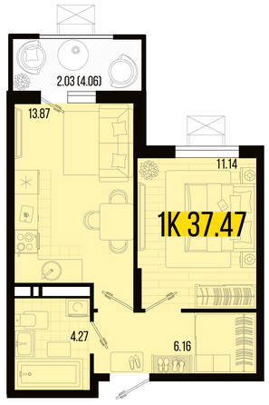 Планировка 1-комн 37,47, 38,28 м²