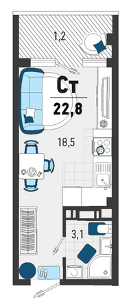 Планировка 1-комн 22,8 м²