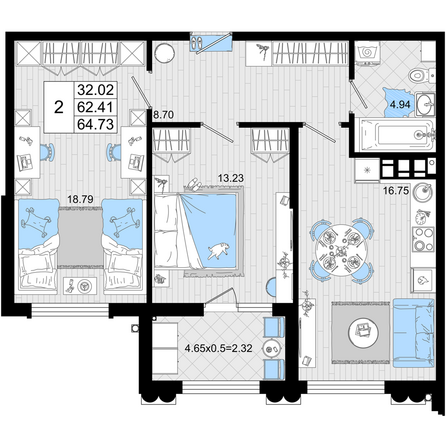 Планировка 2-комн 64,73 м²